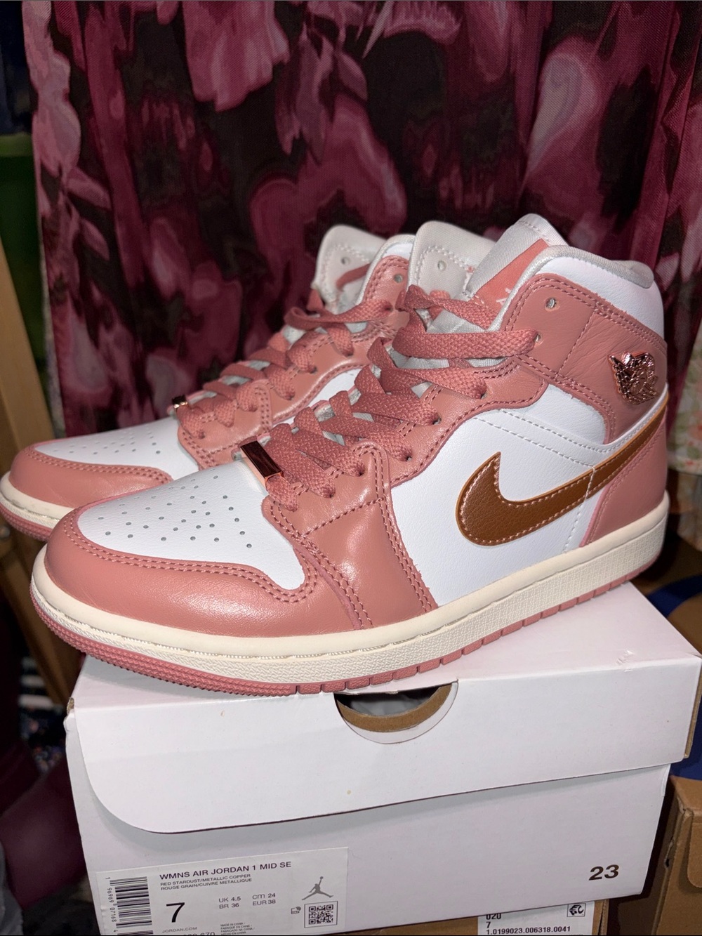 Jordan Women’s Pink and White High Top Sneakers with Metallic Rose Swoosh - Picture 3 of 7